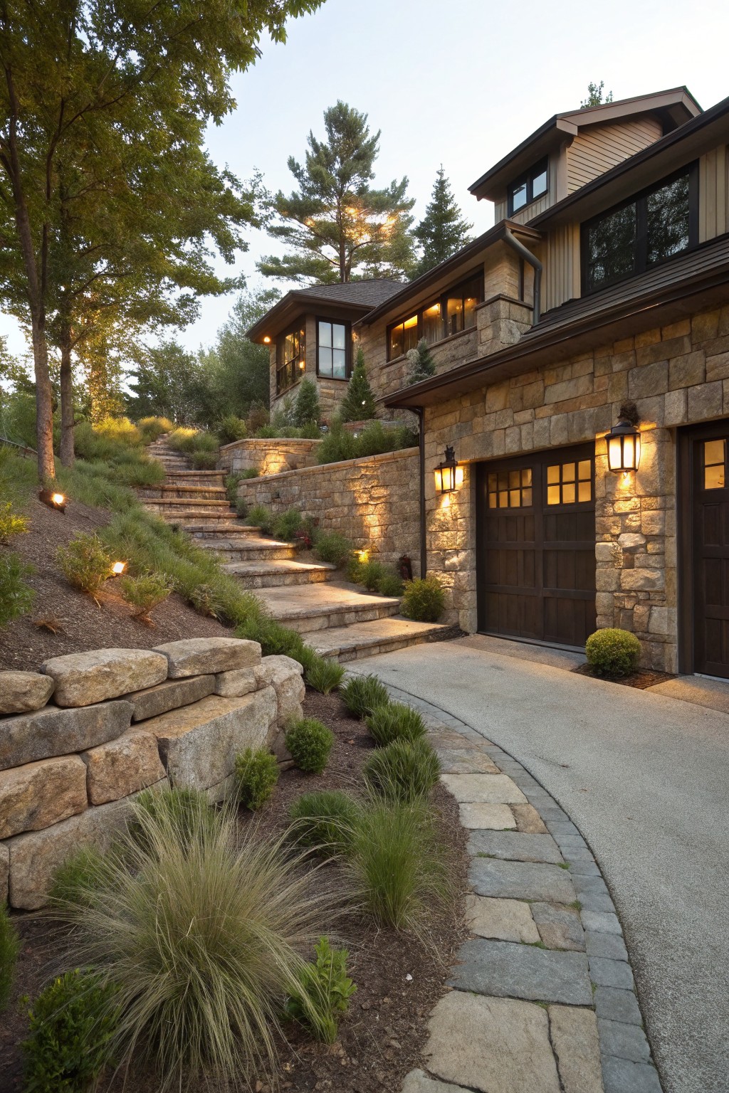 Stone house exterior on a wooded slope with large boulder retaining walls, flagstone steps ascending the hill, planted grasses and shrubs, and a double garage with lanterns.