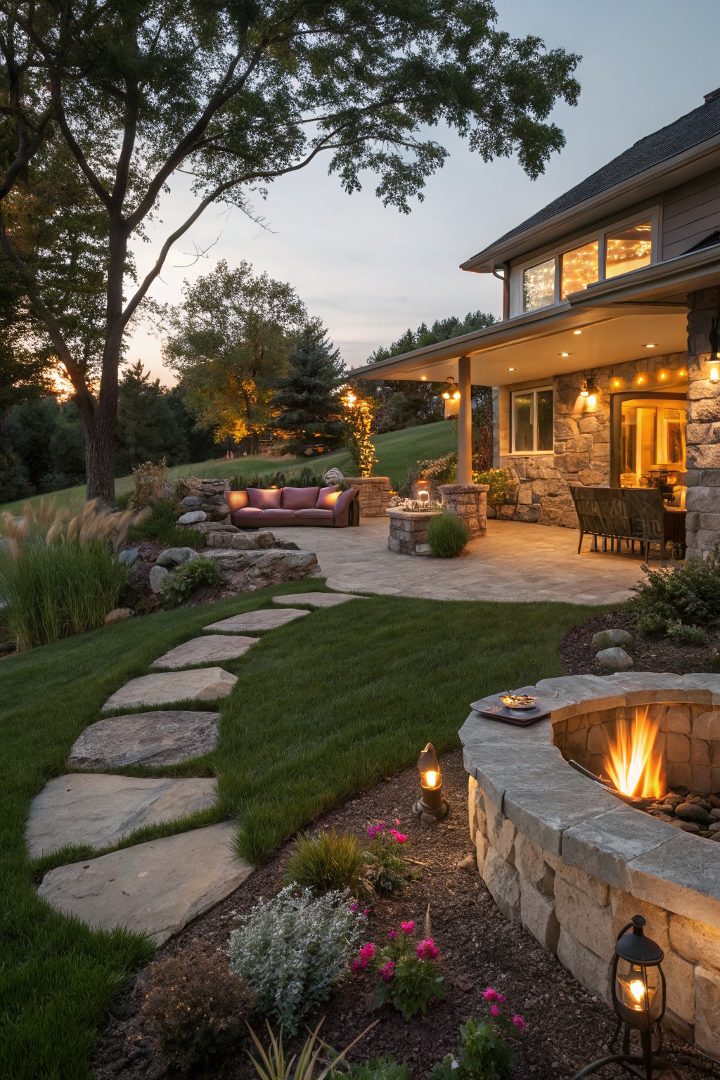 Backyard patio at dusk with stone fire pit, curved boulder retaining wall, red outdoor sofa, dining table, stepping stone path through grass, lanterns, and house exterior with lights.