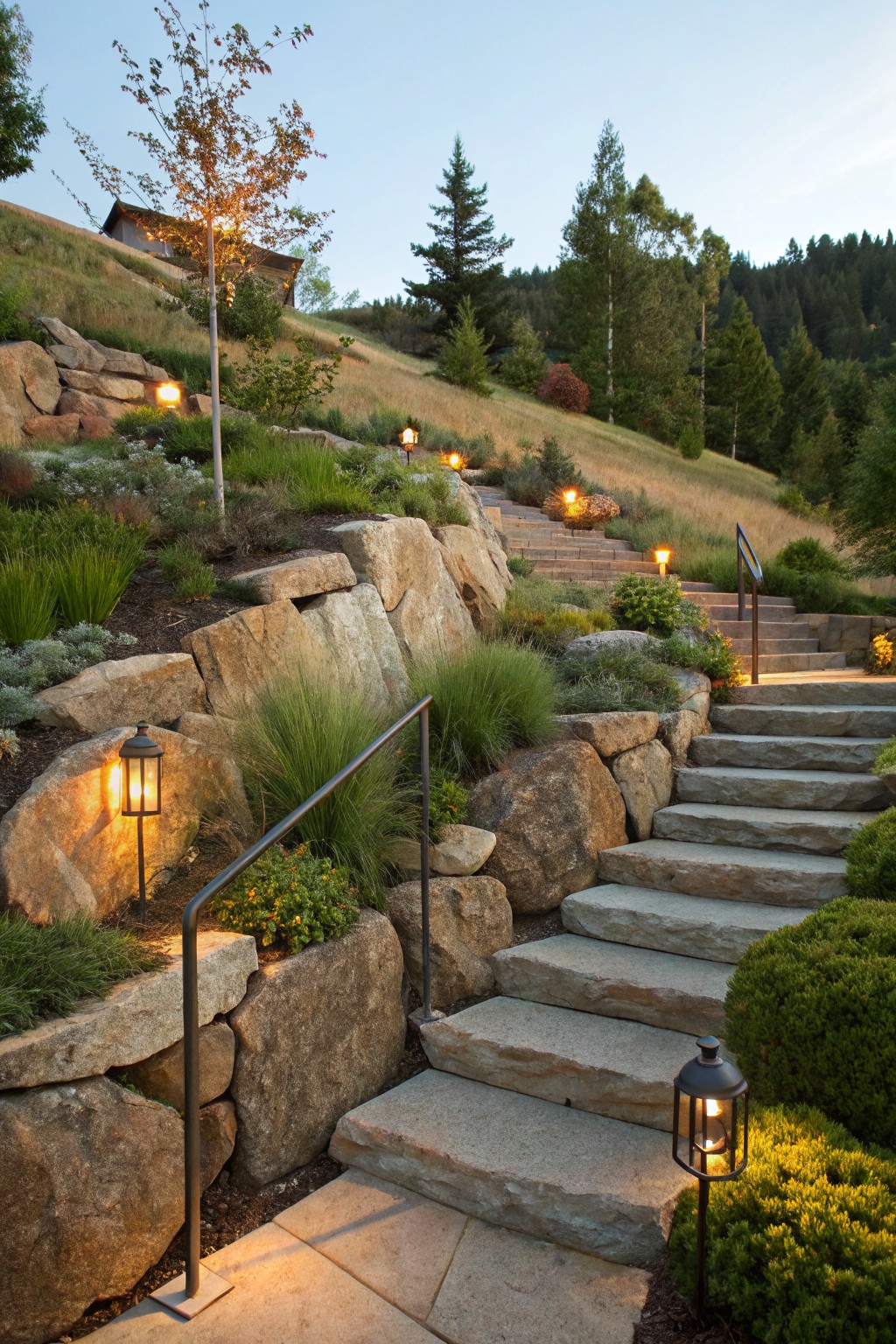 Stone steps wind up a hillside flanked by large boulder retaining walls, with path lanterns, grasses, shrubs, and trees in a wooded setting at dusk.