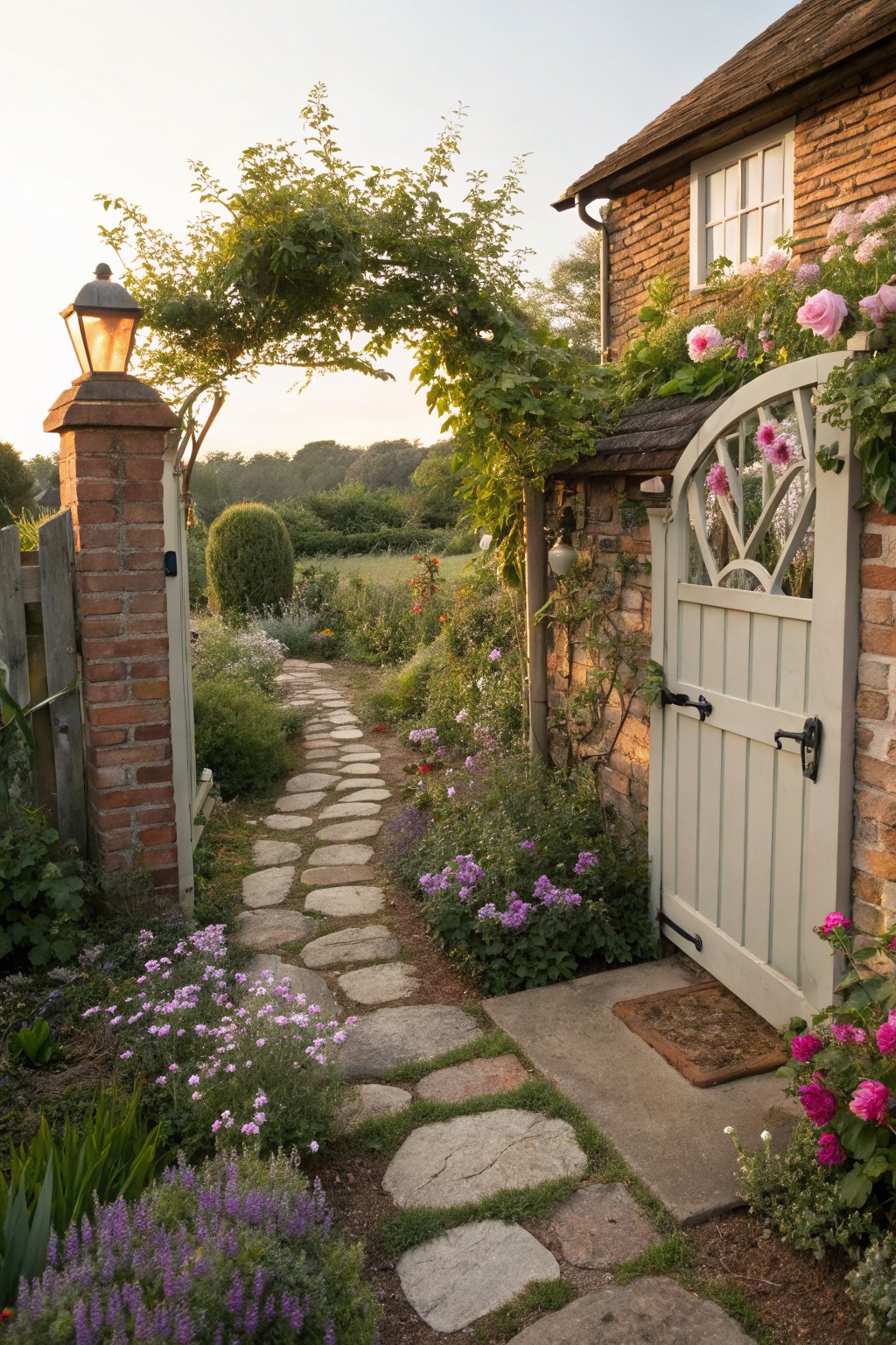 Arched garden gate in a brick wall with vine-covered archway and lantern, leading to a winding path of irregular stone stepping stones through flower beds with pink roses and purple blooms, beside a brick cottage house at sunset.