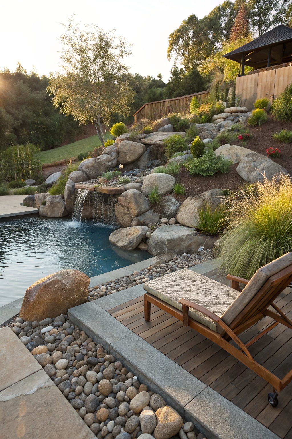 Backyard pool with large boulders forming a waterfall cascading into the water, surrounded by smaller rocks, grasses, shrubs, and a wooden chaise lounge on a deck.