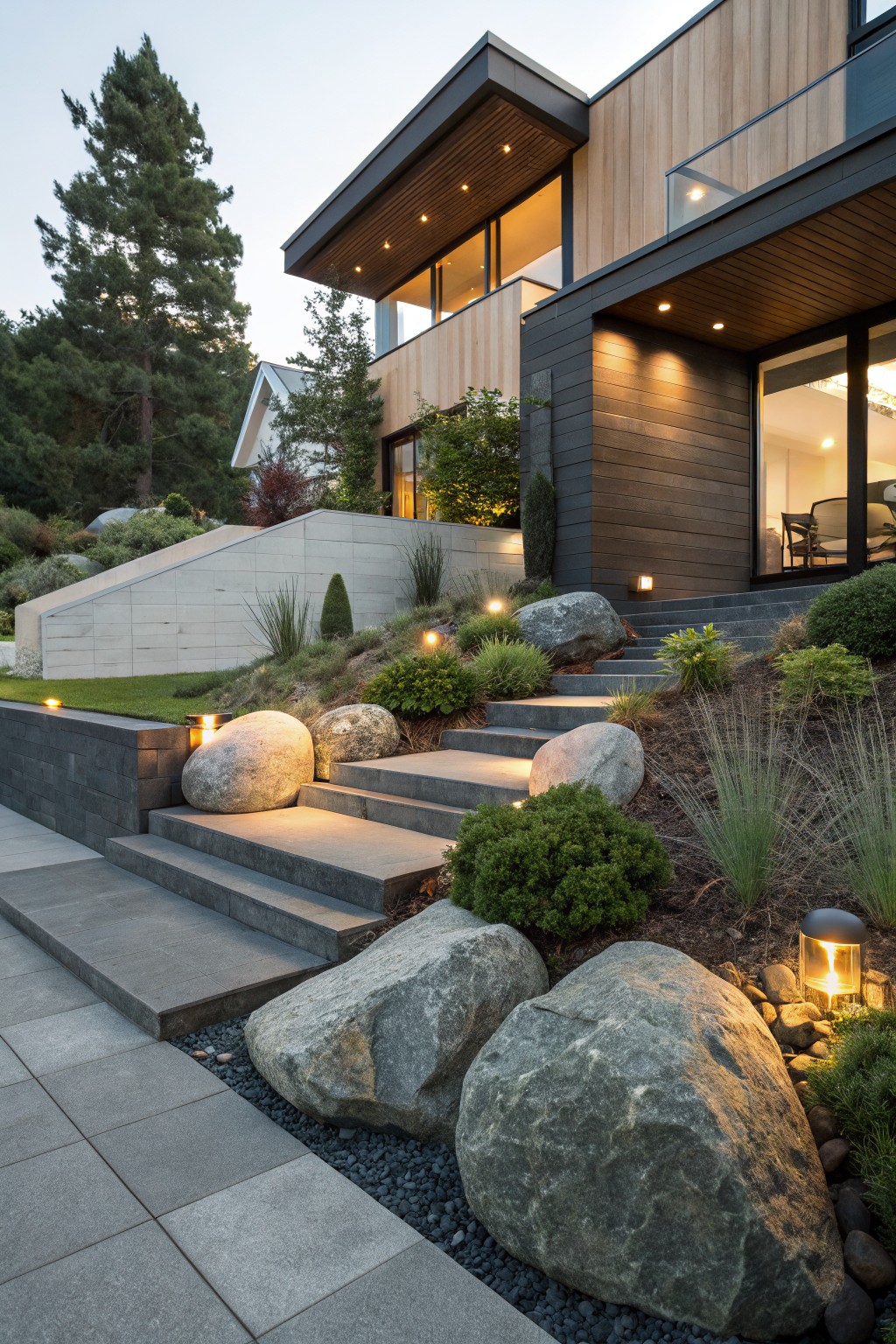 Sloped concrete steps flanked by large light-colored boulders, ornamental grasses, shrubs, and landscape lights, leading to a modern house with wood and dark cladding.