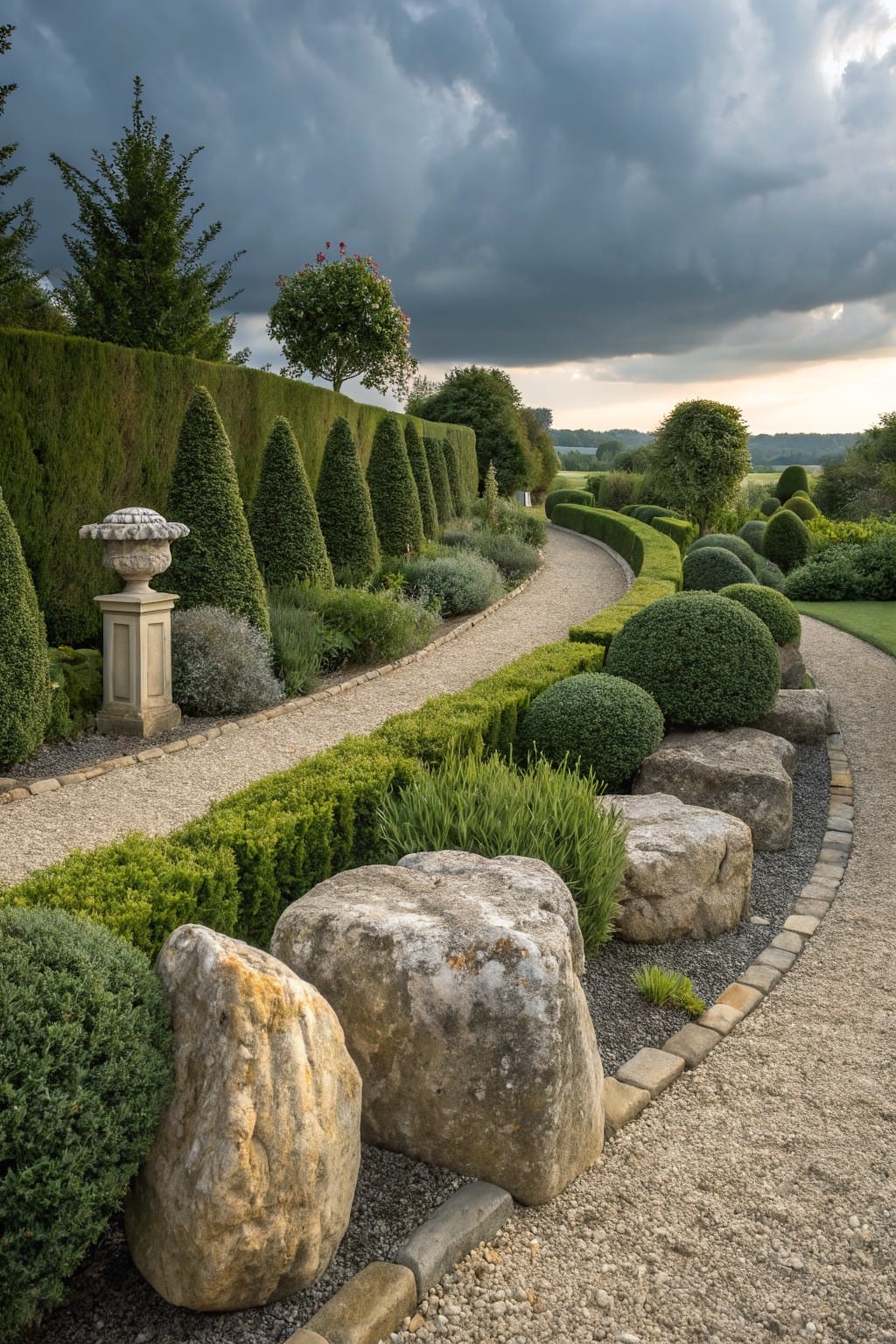 A winding gravel path in a formal garden edged with large rocks, low boxwood shrubs, topiary trees, and stone borders under a cloudy sky.