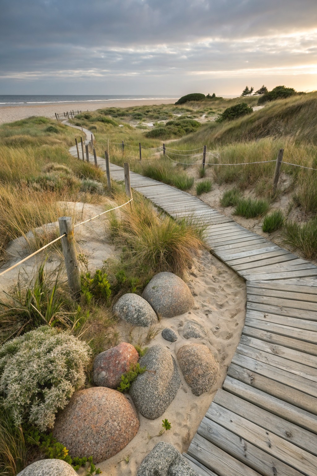 A wooden boardwalk path winds through sandy dunes with tall grasses, wooden posts, rope fencing, and large rounded boulders along the edge, overlooking a beach under a cloudy sky.