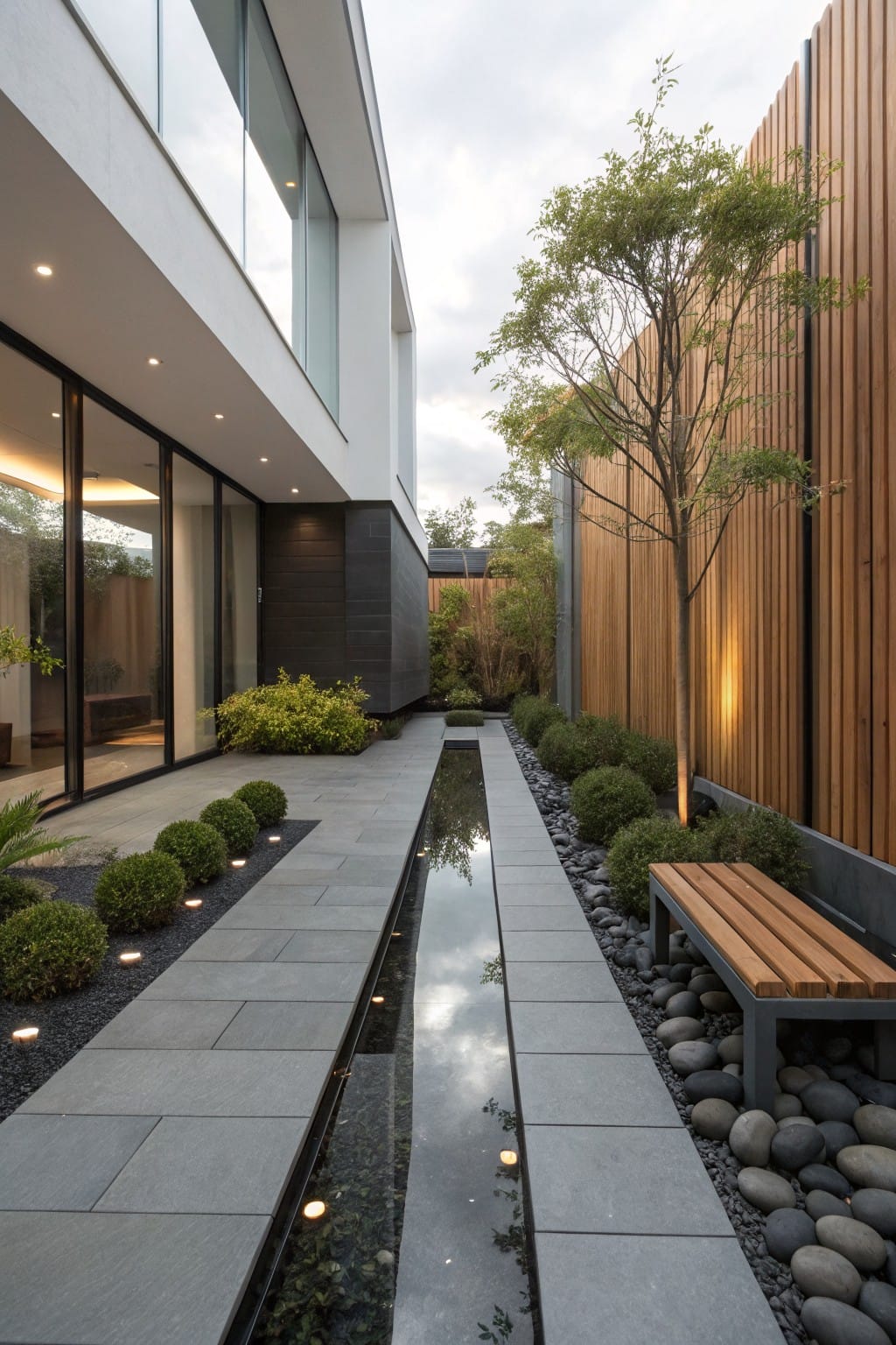 Narrow gray stone pathway alongside a linear reflecting water channel, bordered by black gravel beds, rounded dark boulders, low green shrubs, and a wooden bench next to a vertical wood fence by a modern white and black house exterior.
