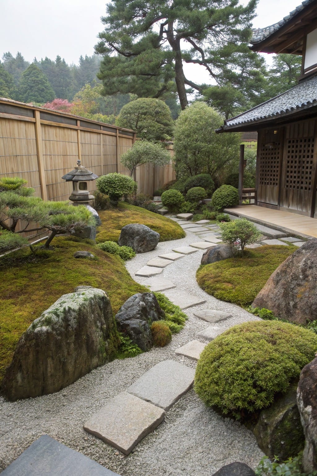 Japanese-style garden with large moss-covered boulders, a curving path of flat stepping stones through green ground cover, bonsai trees, a stone lantern, wooden fence, and traditional house nearby.