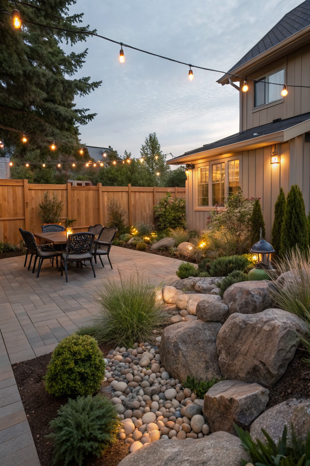 Backyard patio area with a wooden dining table and black chairs on pavers, surrounded by landscaping including large boulders, pebbles forming a dry creek bed, ornamental grasses, shrubs, string lights overhead, lanterns, and a beige house with windows at dusk.