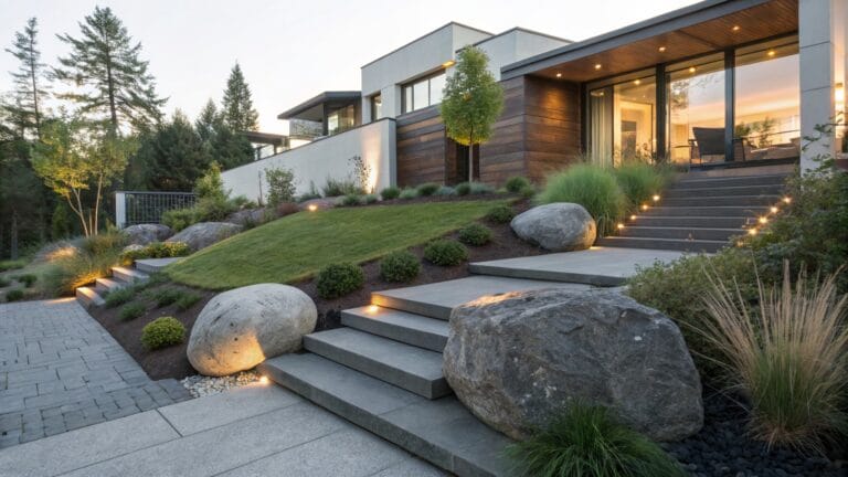 Sloped concrete steps flanked by large light-colored boulders, ornamental grasses, shrubs, and landscape lights, leading to a modern house with wood and dark cladding.