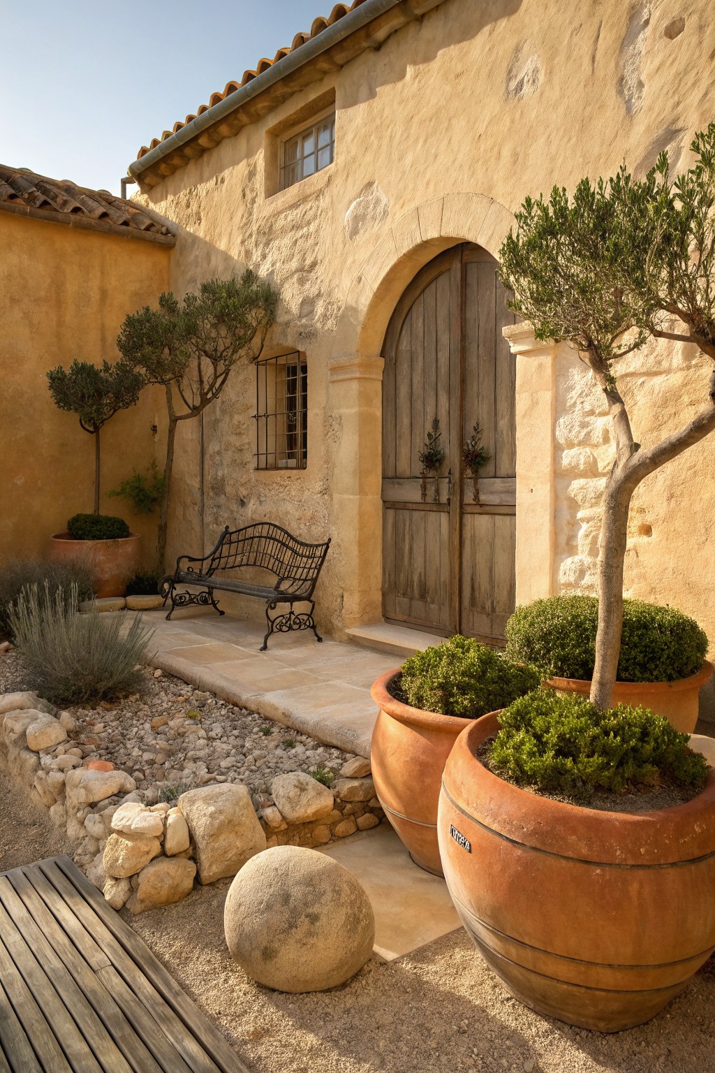 Sunlit ochre stone courtyard wall with arched wooden door, black wrought-iron bench, potted olive trees and shrubs in large terracotta pots, and smooth boulders amid gravel and rocks.