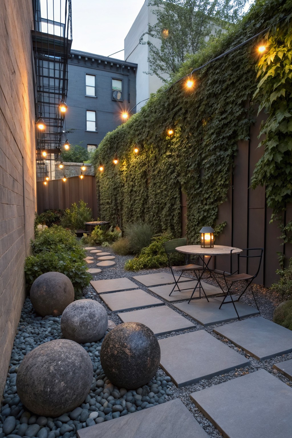 Narrow urban backyard alley with brick walls, ivy-covered wooden fence, overhead string lights, gravel ground with large spherical boulders, irregular stepping stones, square pavers, small round metal table and two chairs.