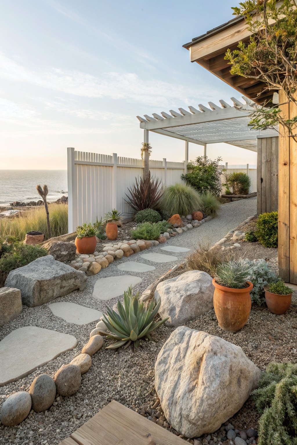 Gravel garden path with large boulders, stepping stones, agave plants, terracotta pots, and drought-tolerant shrubs leading to a pergola and fence near the ocean.