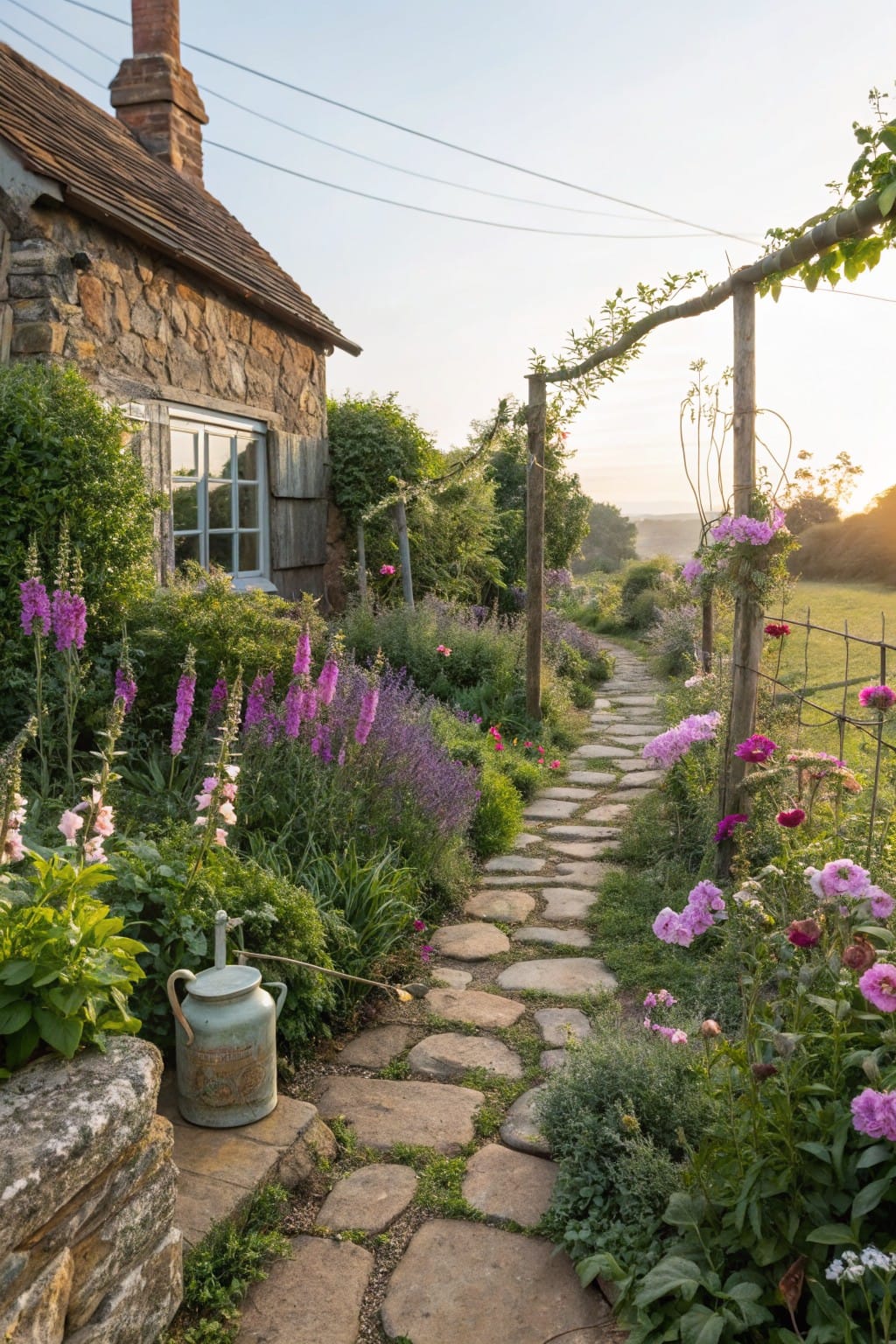 Stone cottage with a winding path of large irregular slabs through flower beds of purple foxgloves, pink hollyhocks, and other perennials, wooden arbors overhead, vintage watering can on a stone base, and open fields beyond.