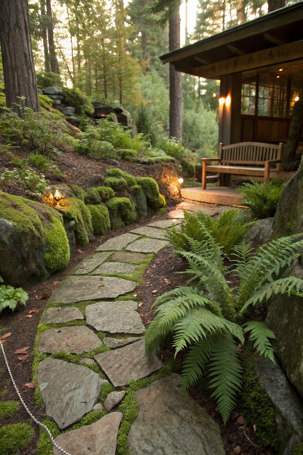 A winding flagstone path edged by moss-covered boulders and ferns leads uphill to a wooden cabin porch with a bench in a forested garden.