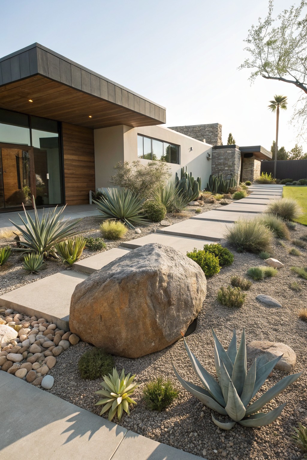 Modern stucco house with wood and glass entry, concrete stepping stone pathway through gravel and desert plants including agaves and large boulder in foreground.