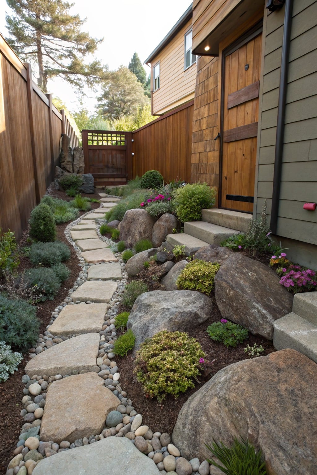 Narrow winding path of irregular flat stone steppers edged with gravel, large boulders, and low shrubs, leading up concrete steps to a wooden house door beside a cedar fence.