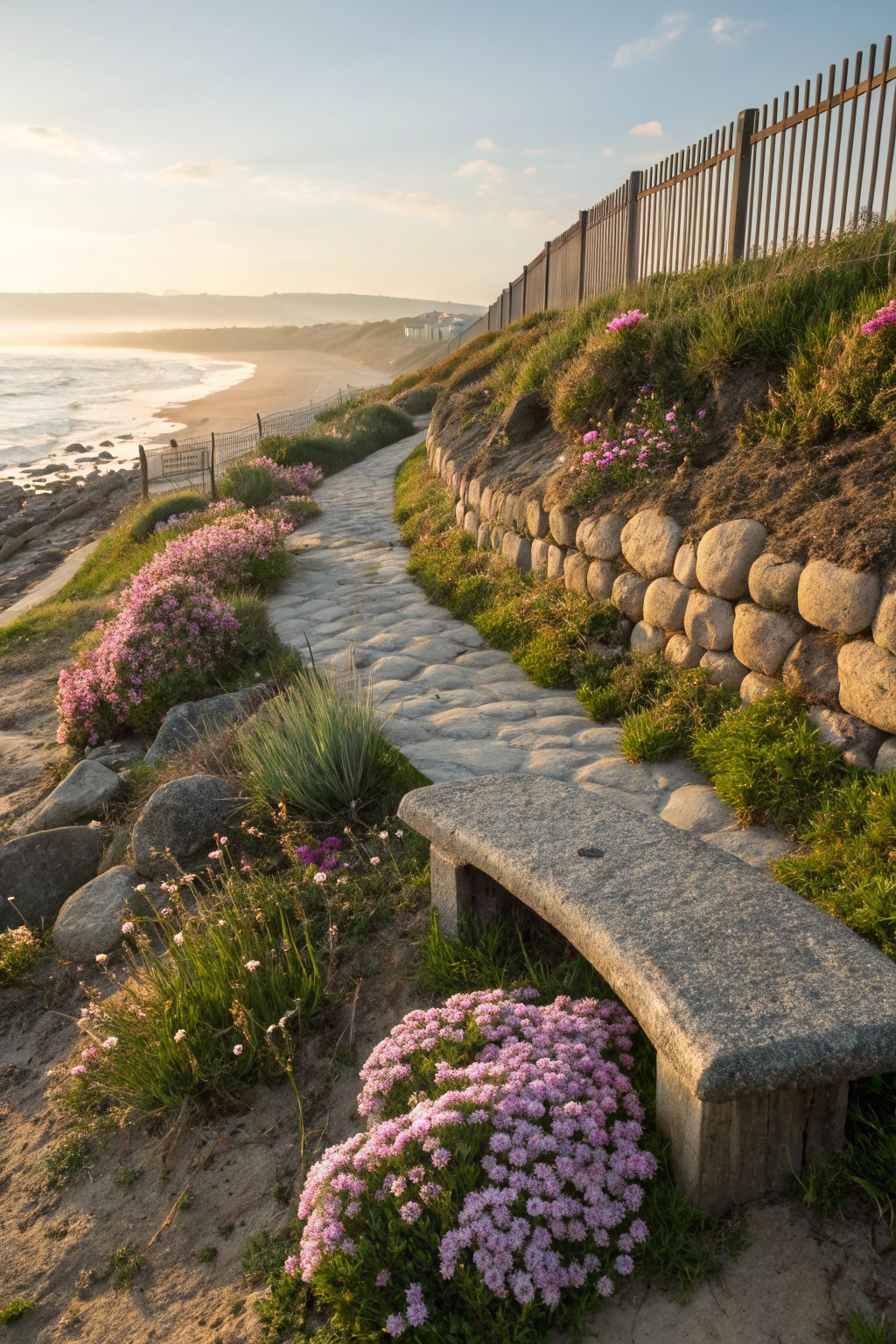 A pebbled stone path winds along a coastal slope, edged by large rounded boulders and dry-stacked stone walls planted with pink flowers and grasses, next to a curved stone bench overlooking beach and ocean at sunrise.