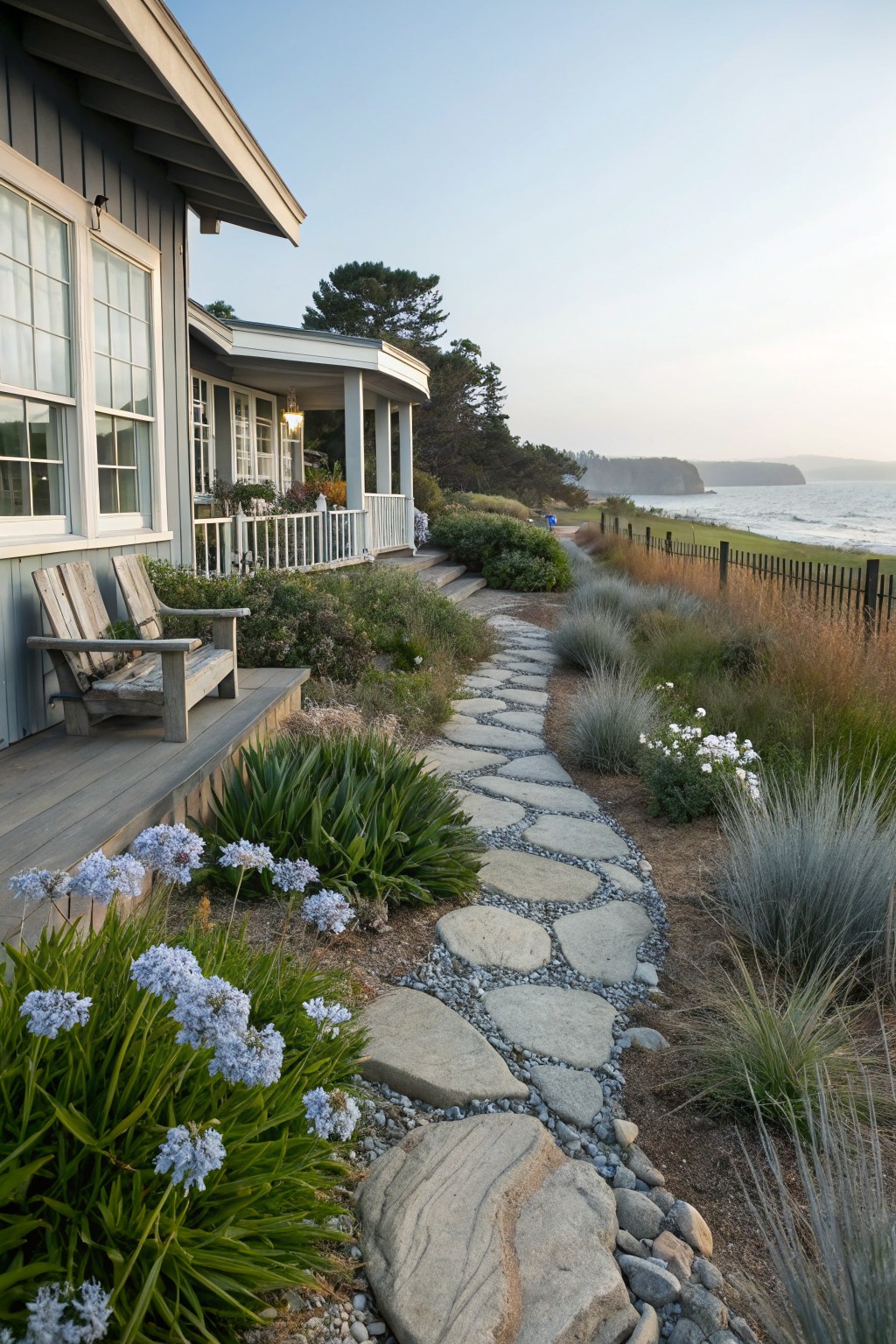 Gray shingled house with wooden porch, Adirondack chairs, and weathered wood railing beside a gravel path of irregular stepping stones winding through ornamental grasses, agapanthus flowers, and low shrubs toward a beach fence and ocean.