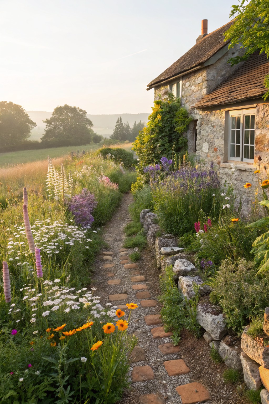 A brick-paver path winds through lush flower beds bordered by low dry-stacked rock walls toward a stone cottage, with colorful perennials, wildflowers, and meadows in soft morning light.