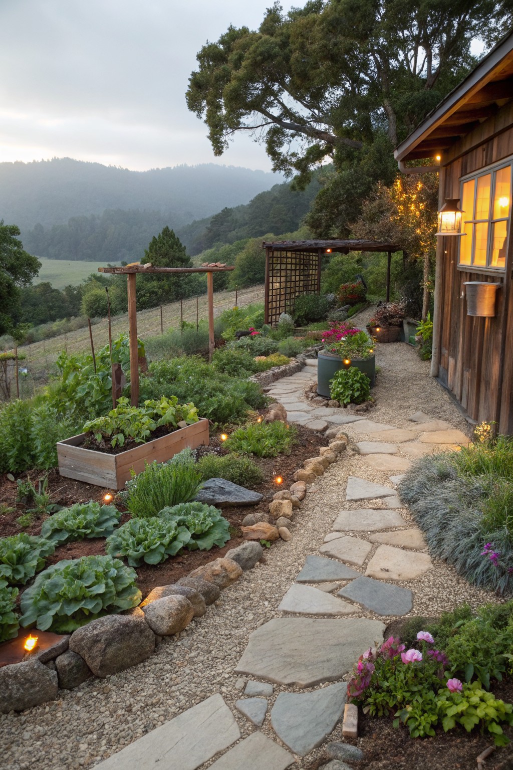 Winding flagstone path edged with gravel and boulders borders raised wooden planters filled with vegetables and flowers, leading to a wooden shed with garden structures in a hilly landscape at dusk.