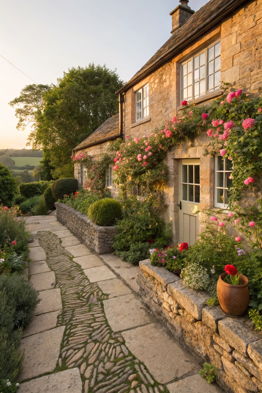 Stone cottage with pink climbing roses on walls and windows, low dry-stacked stone border along mossy irregular flagstone path lined with flower beds, shrubs, and a terracotta pot.