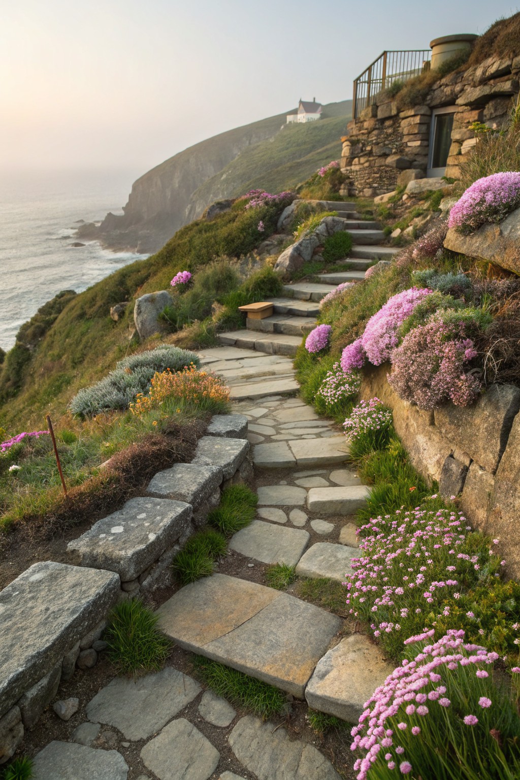 Winding irregular stone steps ascend a rocky coastal hillside, bordered by low dry-stone walls planted with pink flowering shrubs and grasses, overlooking the ocean.