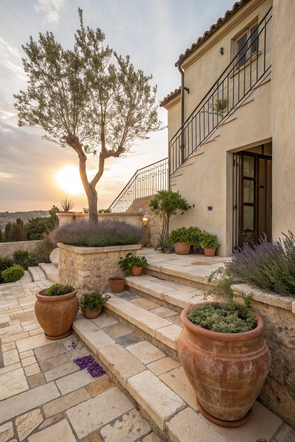 Sunset view of a beige stone house exterior with wrought-iron stairs, wide stone steps, built-in stone wall planters filled with lavender, large terracotta pots with plants, boxwoods, and an olive tree nearby.