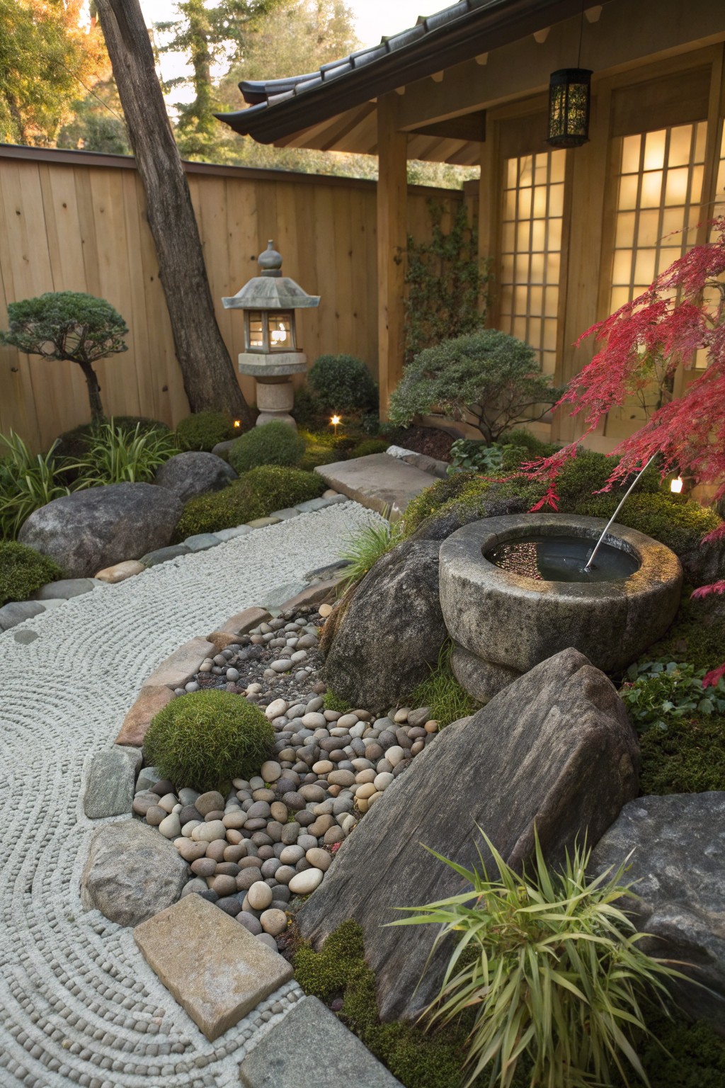 Japanese-style garden with large boulders, raked white gravel paths, pebble-strewn areas, mossy ground covers, bonsai trees, stone lanterns, a water basin with bamboo spout, and wooden architecture with shoji screens in the background.