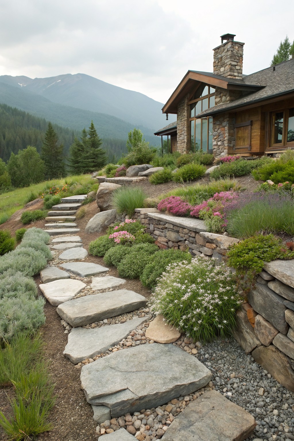 A sloped garden with a winding pathway of large irregular stone slabs edged by terraced dry-stack stone walls planted with low flowers, shrubs, and grasses, leading to a wooden house against a mountainous backdrop.