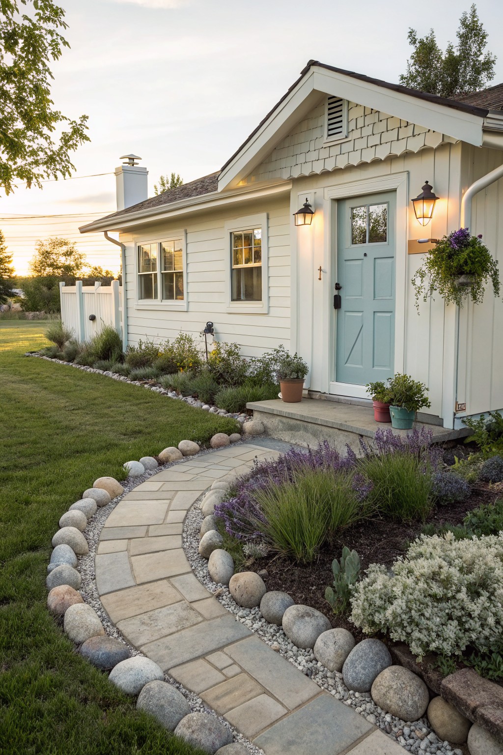 White shingled cottage house with turquoise front door and lanterns, approached by curved gray stone paver walkway bordered by large smooth round rocks and gravel with low lavender and grass plants on a green lawn.