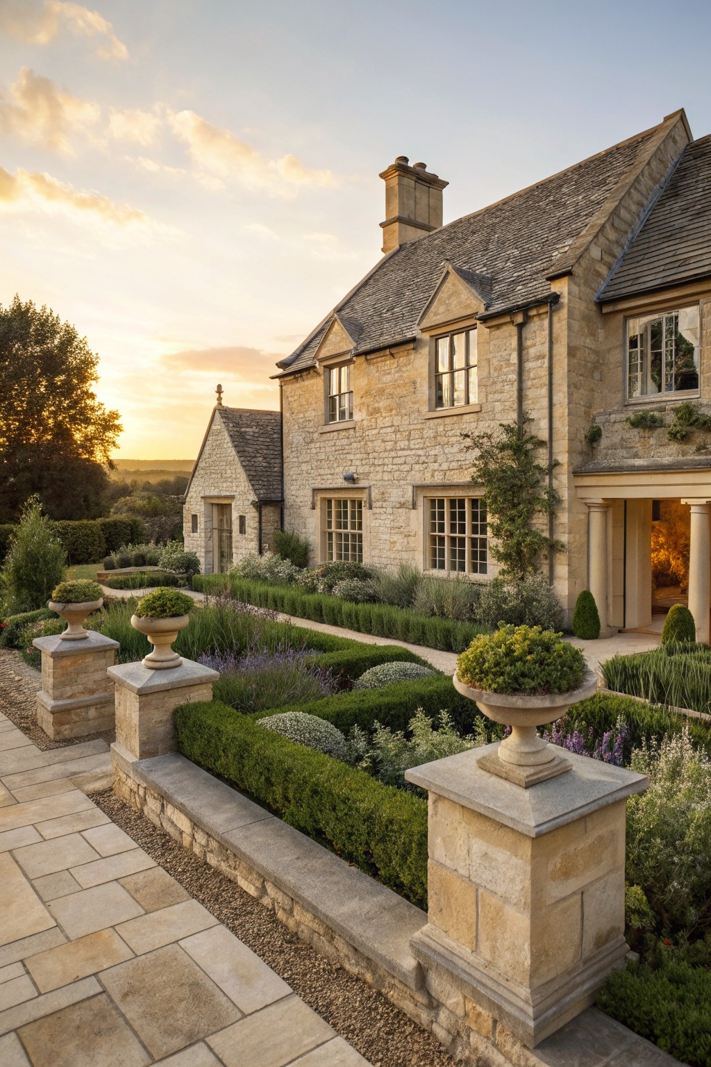 Stone cottage exterior with formal garden beds edged in clipped boxwood hedges, stone pedestals holding urn planters, low stone walls, and gravel paths.