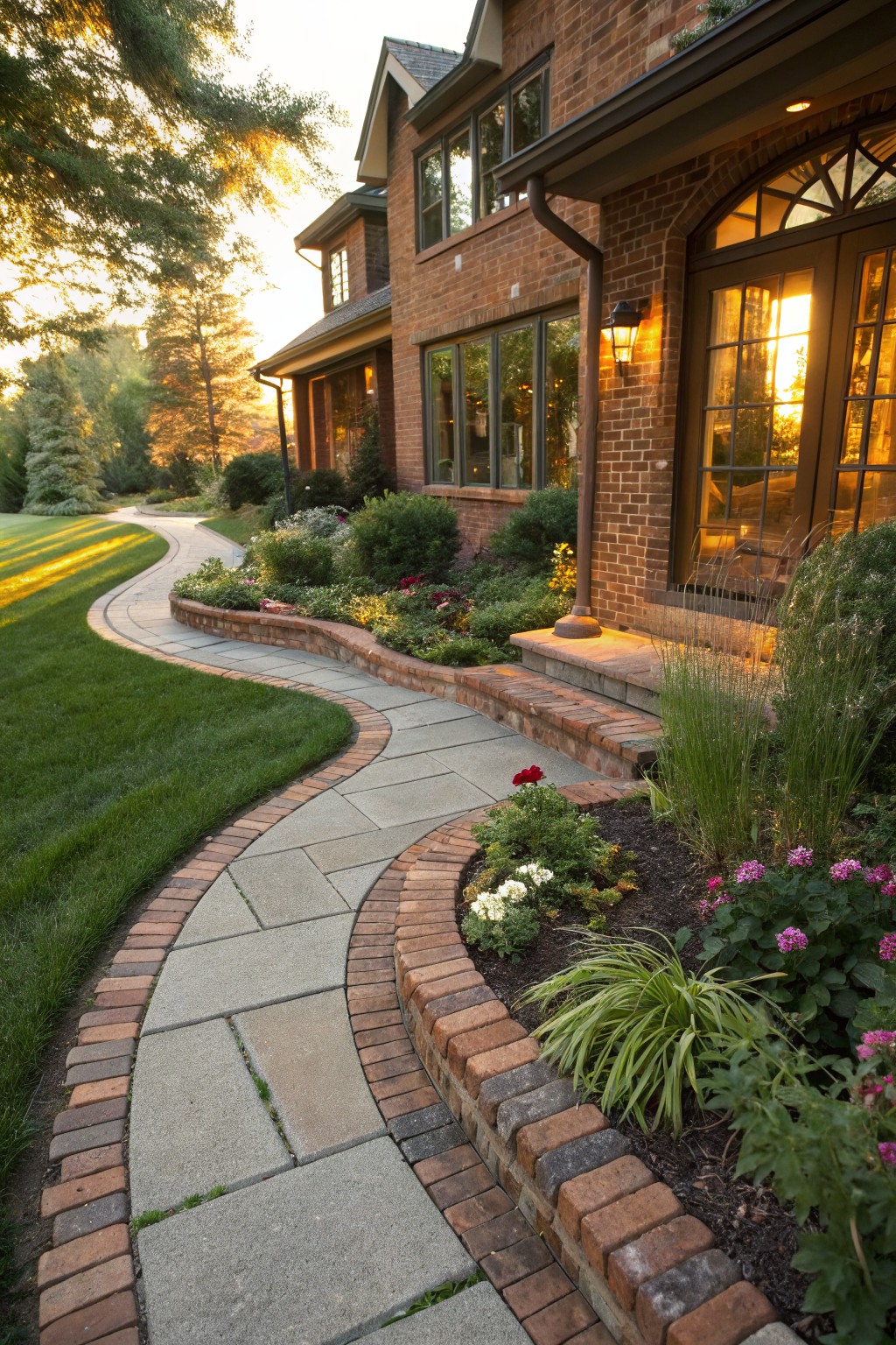 Brick house exterior featuring a curved stone paver pathway edged with bricks and bordered by landscaped flower beds and shrubs in evening light.
