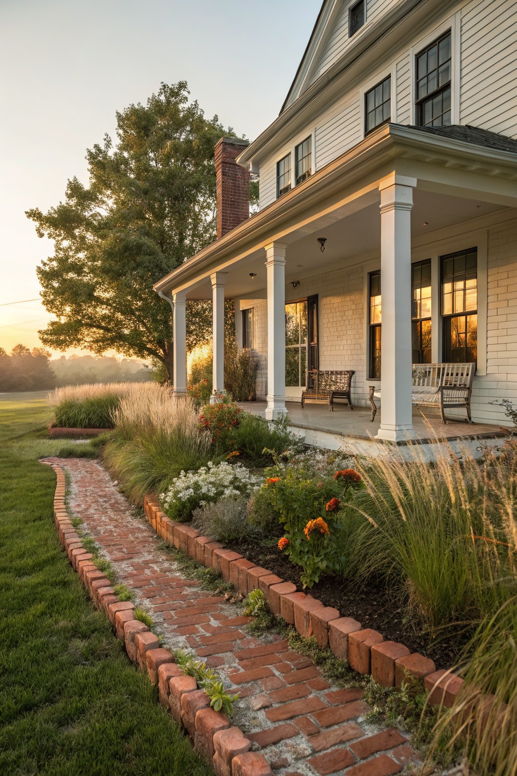 White clapboard house with wraparound porch, brick chimney, and curved brick pathway edged by low brick walls planted with grasses and flowers.