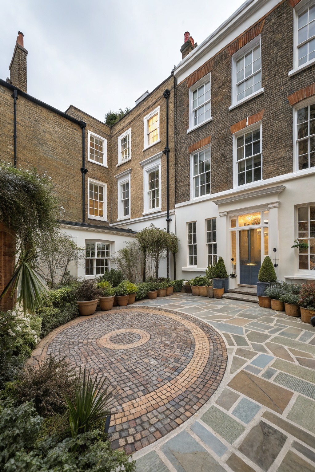Courtyard garden featuring a central circular area paved with multicolored bricks surrounded by irregular slate tiles and bordered by potted plants and greenery against brick townhouse walls.