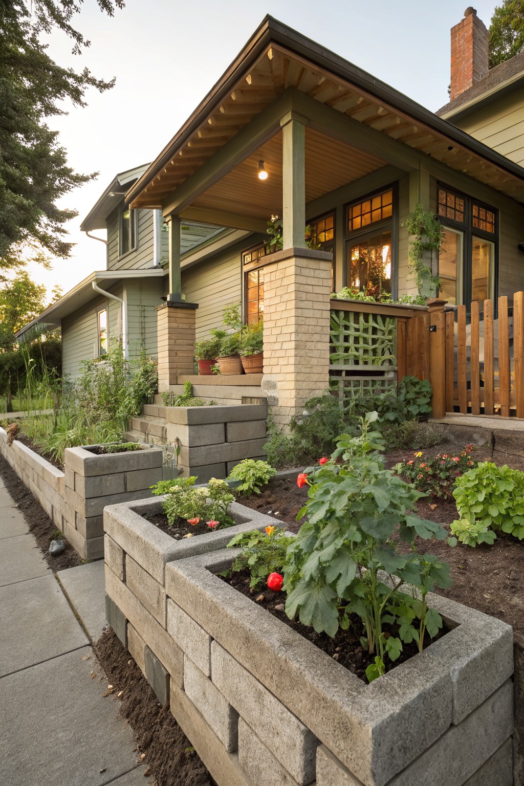 Green Craftsman-style house with covered porch, brick pillars, wooden gate, steps, and stacked concrete block raised garden beds planted with vegetables and flowers along a concrete sidewalk.