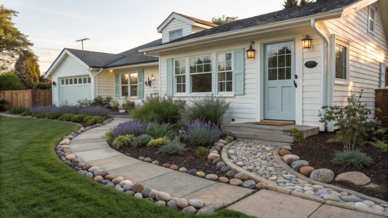 White shingled cottage house with turquoise front door and lanterns, approached by curved gray stone paver walkway bordered by large smooth round rocks and gravel with low lavender and grass plants on a green lawn.
