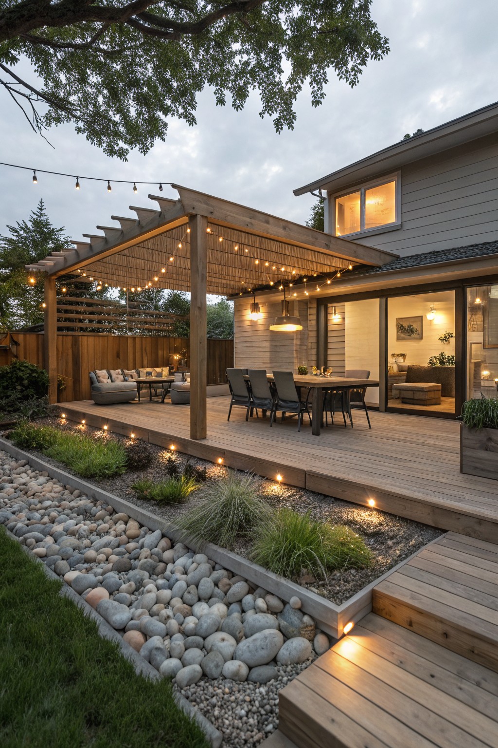 Wooden deck with pergola and string lights overlooking a dining table and chairs, bordered by a gravel bed with ornamental grasses and pebbles separating it from the lawn.