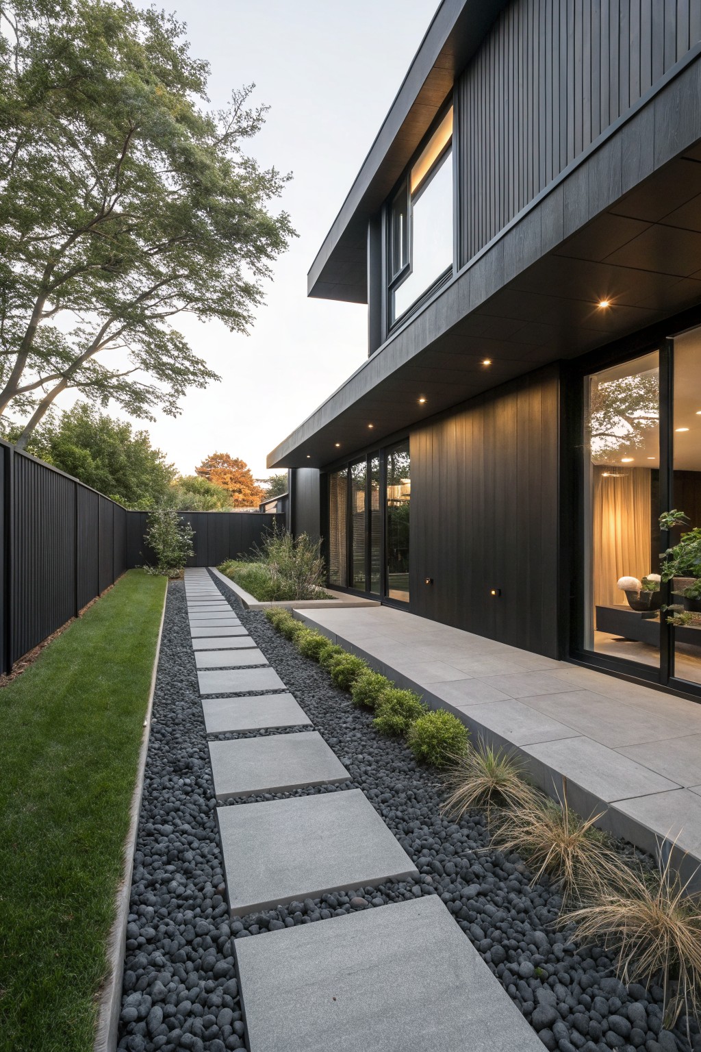 Side view of a dark wood-clad modern house with a pathway of large gray concrete slabs set into black gravel, bordered by grass lawn and low shrubs, adjacent to a concrete patio and glass doors.