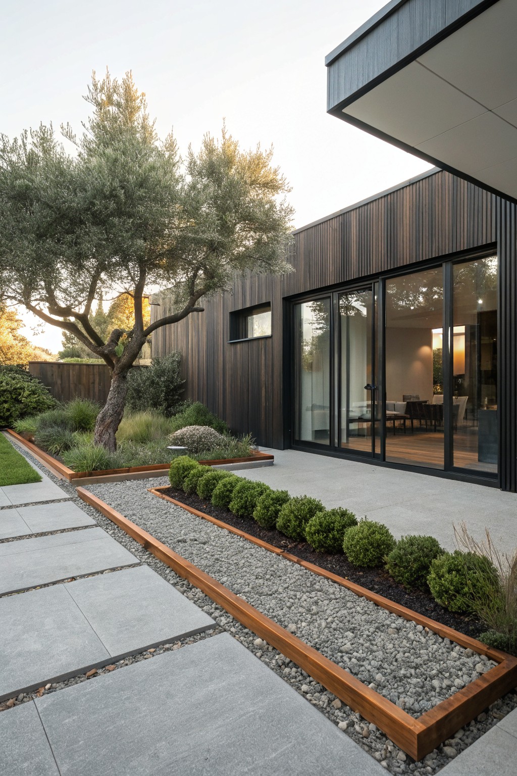 Modern backyard patio with concrete pavers leading to black wood-clad house wall featuring large sliding glass doors, bordered by rusted metal-edged garden bed filled with gravel and boxwood shrubs, olive tree in background.