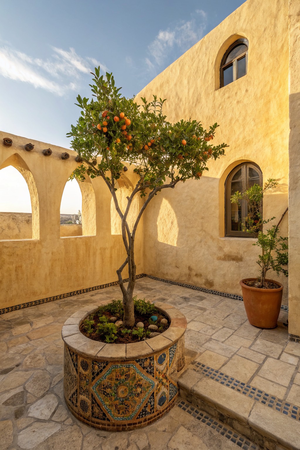 A young orange tree grows from a circular raised stone planter decorated with intricate multicolored mosaic tiles on a stone-tiled outdoor patio enclosed by yellow stucco walls with arched openings and windows.
