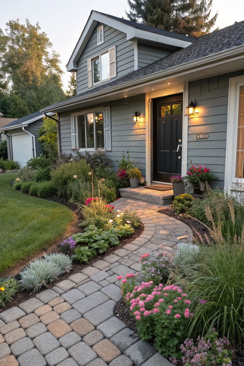 Gray clapboard house with black front door and house number plaque, curved brick paver pathway edged by flowering plants and ornamental grasses leading from lawn to entry steps.