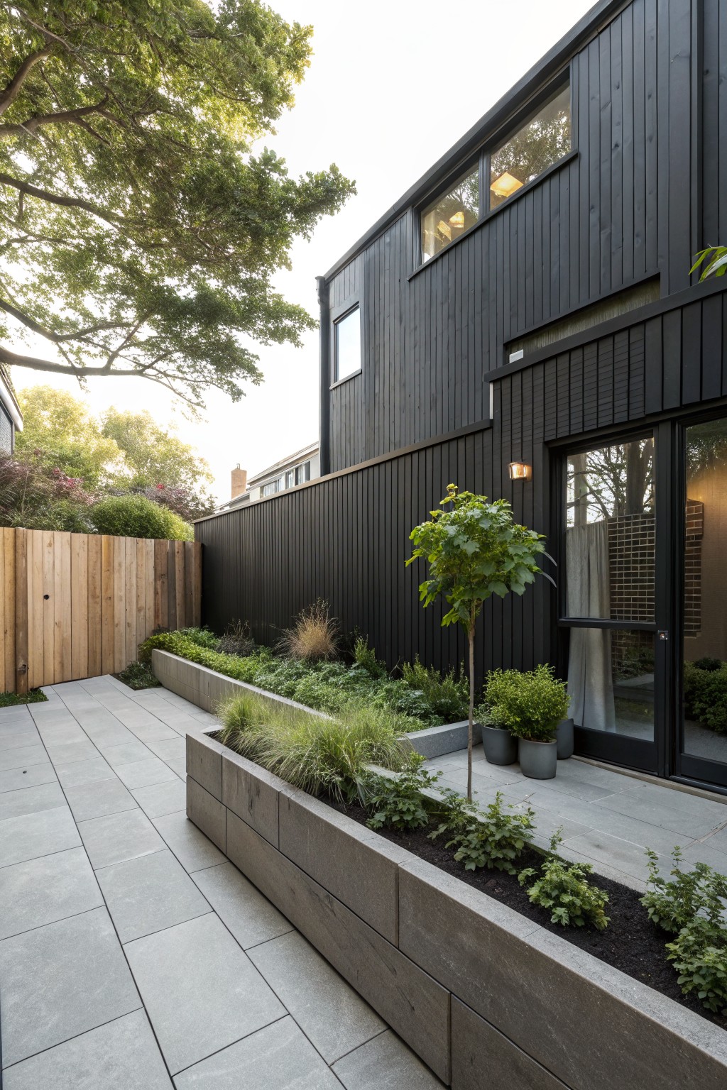 Backyard patio with gray concrete pavers edged by a long raised concrete planter bed containing grasses, shrubs, and small trees, adjacent to a black timber-clad house wall and glass doors.