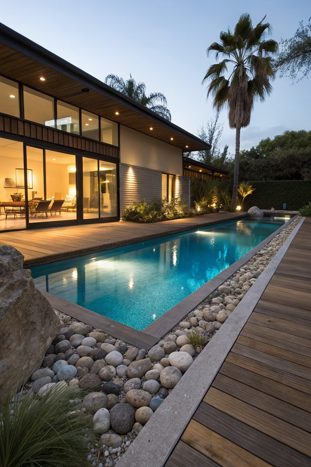 Modern house with glass walls opening to a rectangular pool at dusk, edged in river rocks and adjacent wood decking, with palm trees and landscaping.