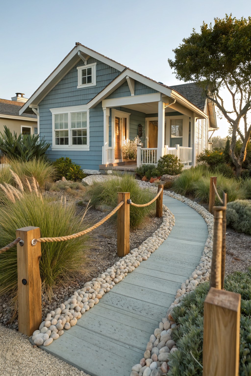 Blue Craftsman-style house with front porch and curved wood pathway edged by wooden posts with rope, flanked by ornamental grasses, pebbles, and succulents.