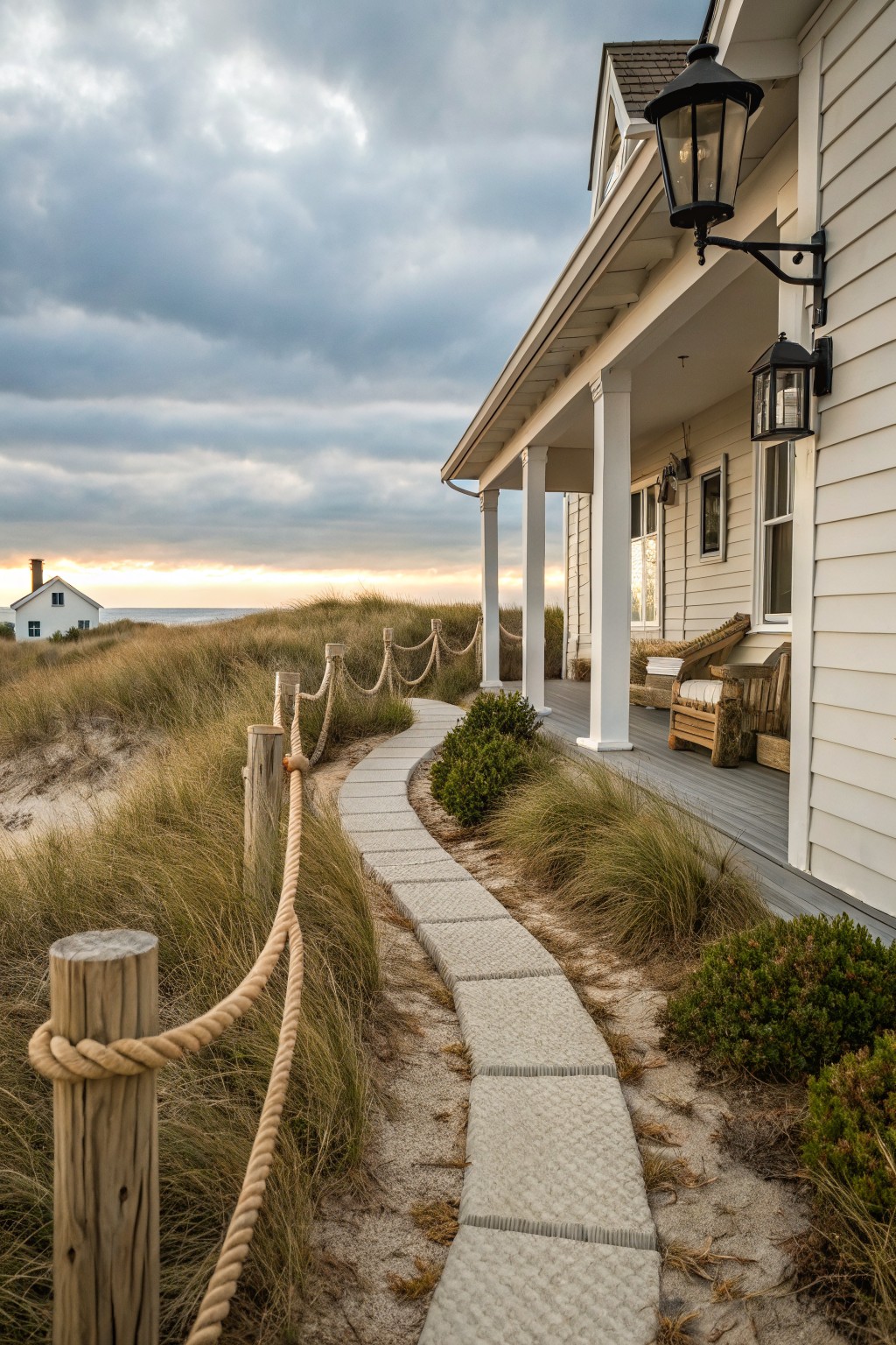 White clapboard beach house with wrap-around porch and columns, alongside a stone pathway edged by rope on wooden posts through sand dunes and sea grass.