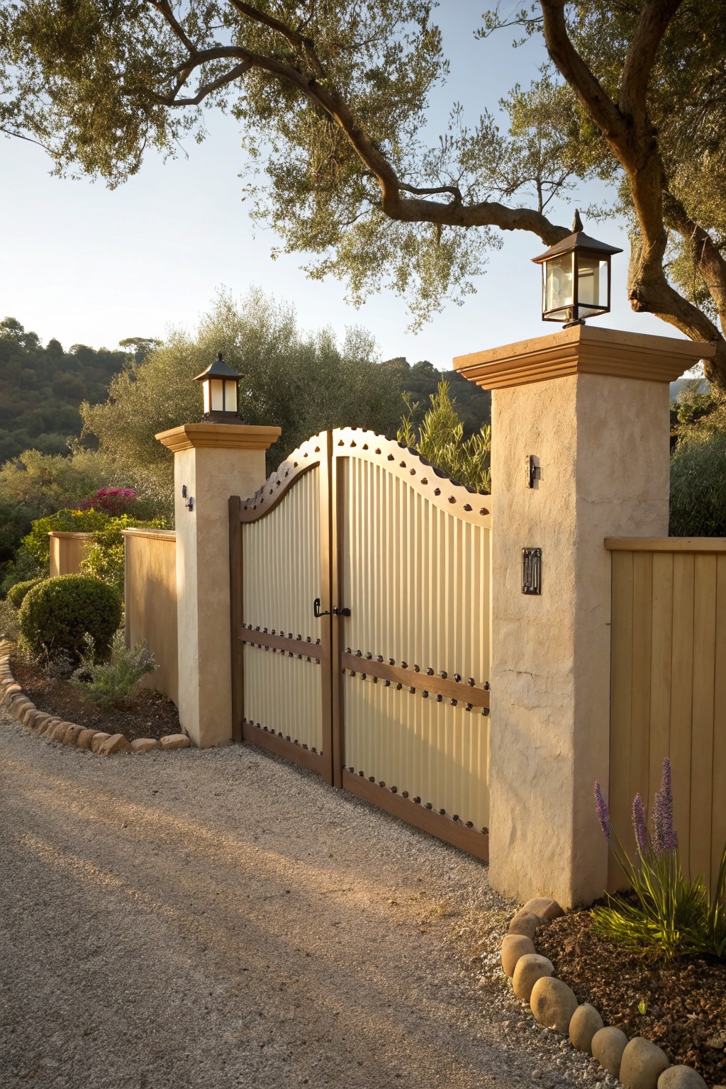 Gravel driveway bordered by rounded rocks leading to arched cream-colored wooden gates on stucco pillars, surrounded by shrubs, olive trees, and lavender plants.