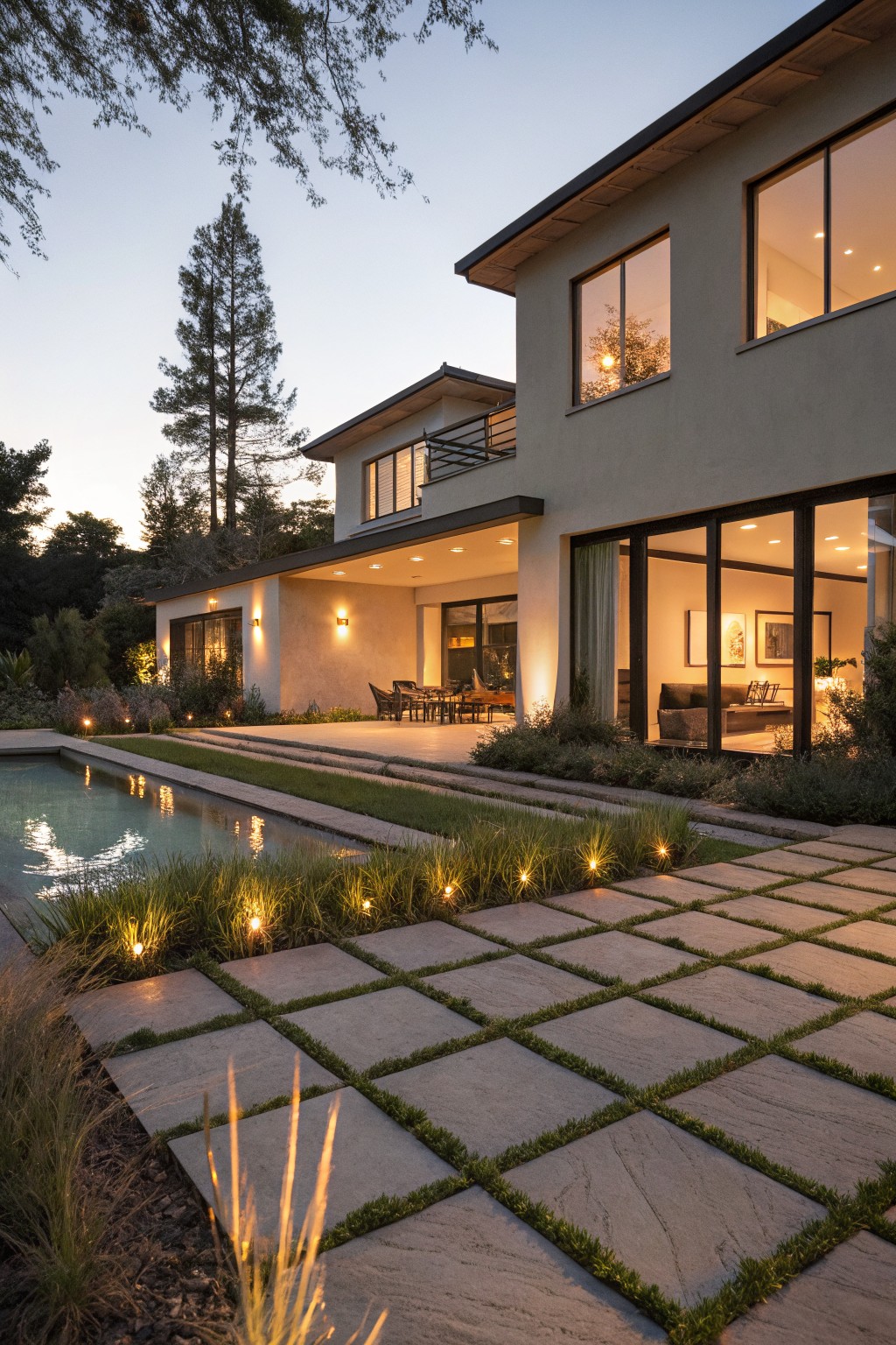 Modern backyard patio and pool area with large square concrete pavers separated by narrow grass strips, tall ornamental grasses lit from below, beige house walls, and trees at dusk.