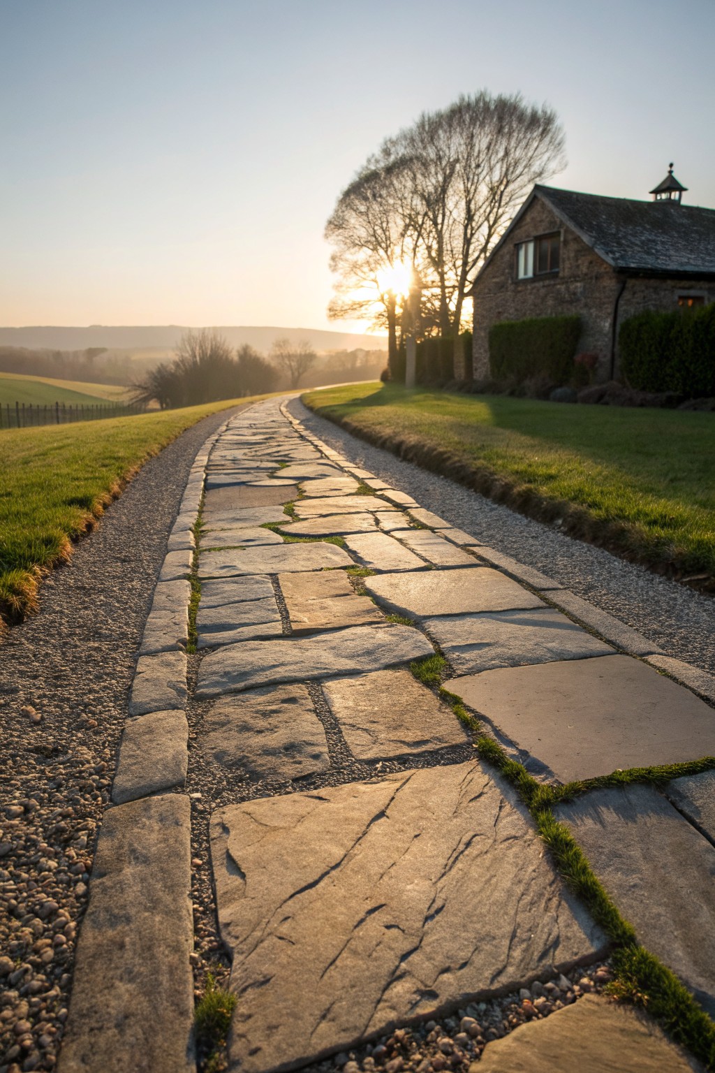 Curved pathway of large irregular gray stone slabs bordered by gravel and grass verges leads past a stone house and bare tree toward distant green hills in morning light.