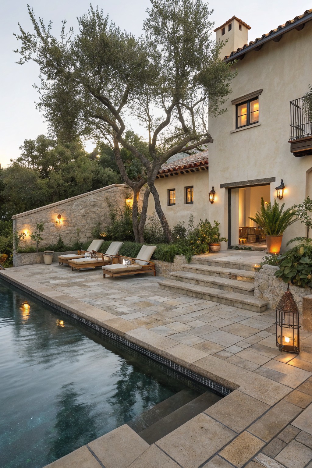Poolside patio edged by a low stone retaining wall on a slope, with lounge chairs, potted plants, olive trees, lanterns, and a stucco house with open doors at dusk.