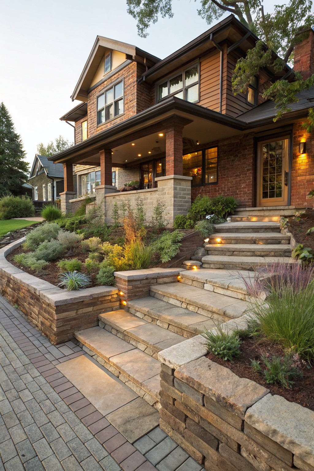 Craftsman-style brick house on a slope with curved stone steps leading to a porch, edged by low stacked stone retaining walls planted with ornamental grasses and lit by small path lights.