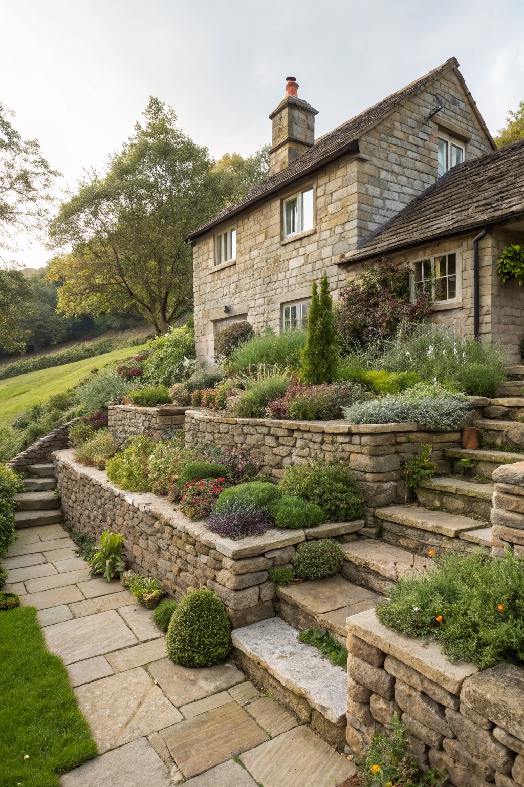 Stone cottage house beside a sloped terraced garden with dry stone retaining walls planted with flowers, shrubs, and grasses, featuring stone steps and a paved path leading upward.